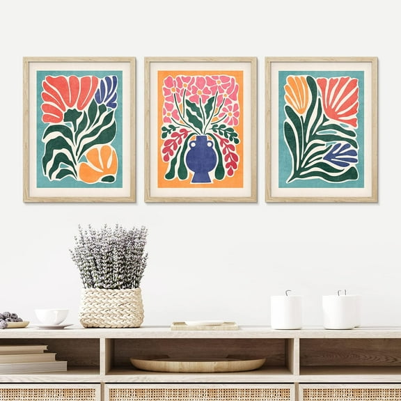 PixonSign Framed Canvas Print Wall Art Set - Vibrant Retro Flower Bouquets Posters - Set of 3 Nature Farmhouse Colorful Floral Print Boho Pastel Wall Décor for Living Room - 12"x16"x3 Natural