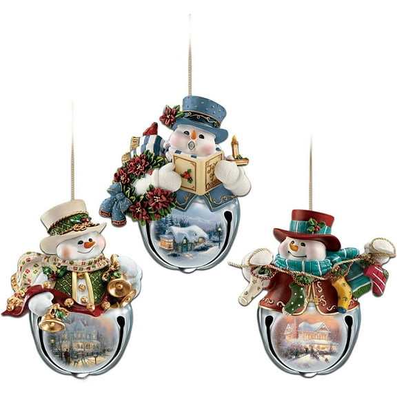 The Bradford Exchange Issue One, Ringing in the Holidays, Yuletide Carols & Home for the Holidays Snow-Bell Ornament Set of 3 Christmas Decoration by Thomas Kinkade 3.5-inches