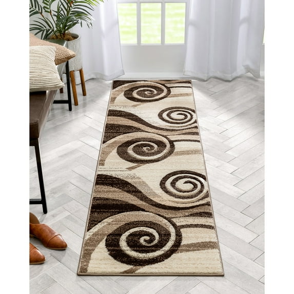 Desert Swirl Brown & Beige Modern 2x7 ( 2' x 7' Runner ) Geometric Comfy Casual Spiral Hand Carved Area Rug Easy to Clean Stain Fade Resistant Contemporary Thick Soft Plush Living Dining Room Rug