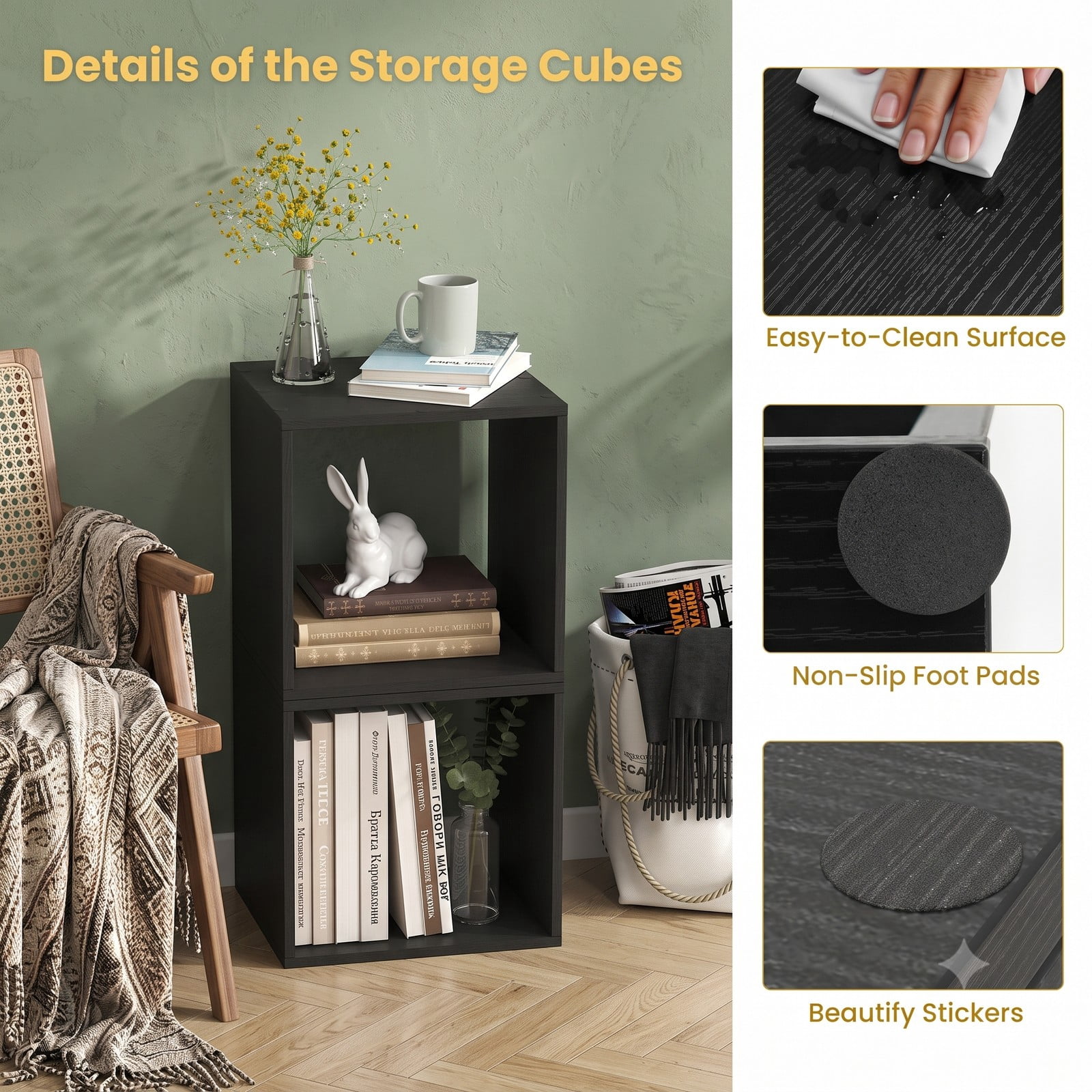 Furnibear Cube Storage Organizer Set of 2, Stackable Modular Bookcase Cubby Shelf for Living Room Bedroom Study Office, Wood Display Bookshelf with Anti-Tip, Black