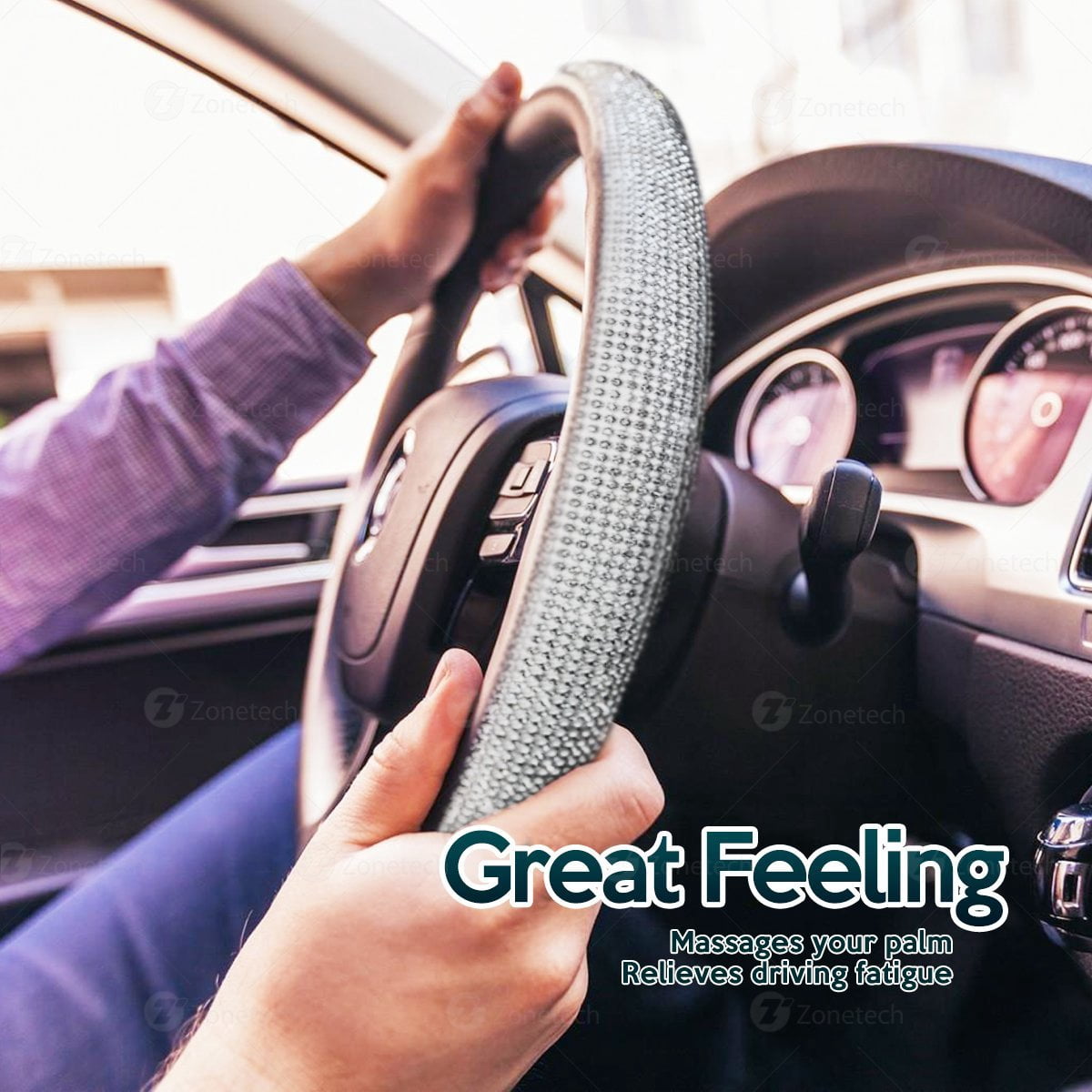 Rhinestone Diamonds Crystal Car Steering Wheel Cover -Zone Tech Shiny Bling Steering Wheel Cover with PU Leather Backing