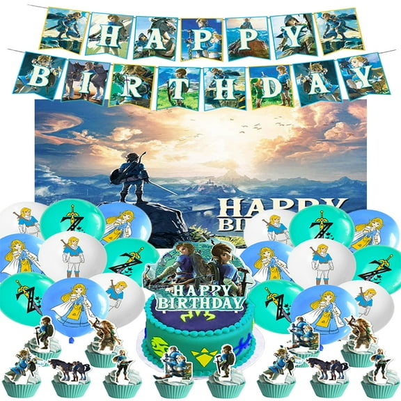 Zelda cartoon theme birthday party decorations set, Link theme party favors, party supplies set including banners, printed balloons, backdrop