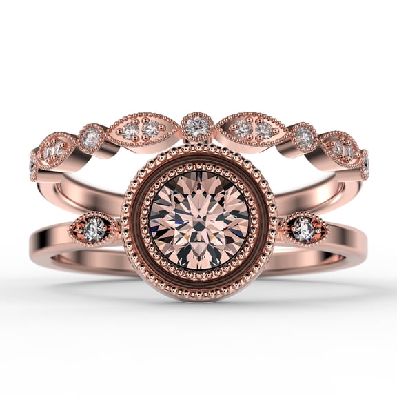 Gorgeous Art nouvea 1.60 Ct Round Cut Morganite And Diamond Moissanite Engagement Ring, Boho Moissanite Wedding Ring, One Matching Band in 925 Sterling Silver With 18k Rose Gold Plating Gift For Her