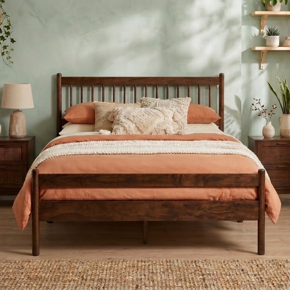 Traditional Style Queen Size Bed with Headboard and Footboard, Strengthened Bed Frame, Walnut