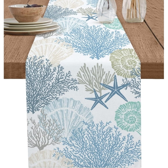 HWZWT Blue Teal Coral Cotton Linen Rectangular Table Runner x36 Summer Beach Starfish Coastal Modern Geometric Coffee Table Runner Dressing Table Scarf Luxury Wedding Table Runner 13
