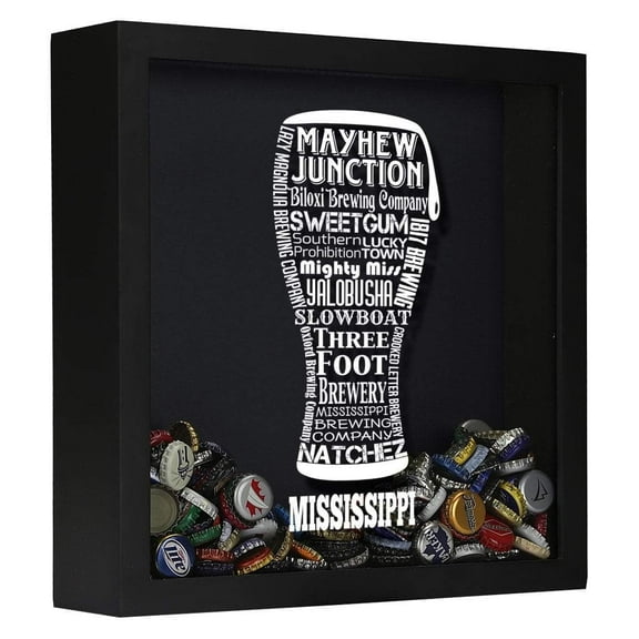 Torched Mississippi Beer Cap Shadow Box Hanging Decor 13"x13"x3.5" Black