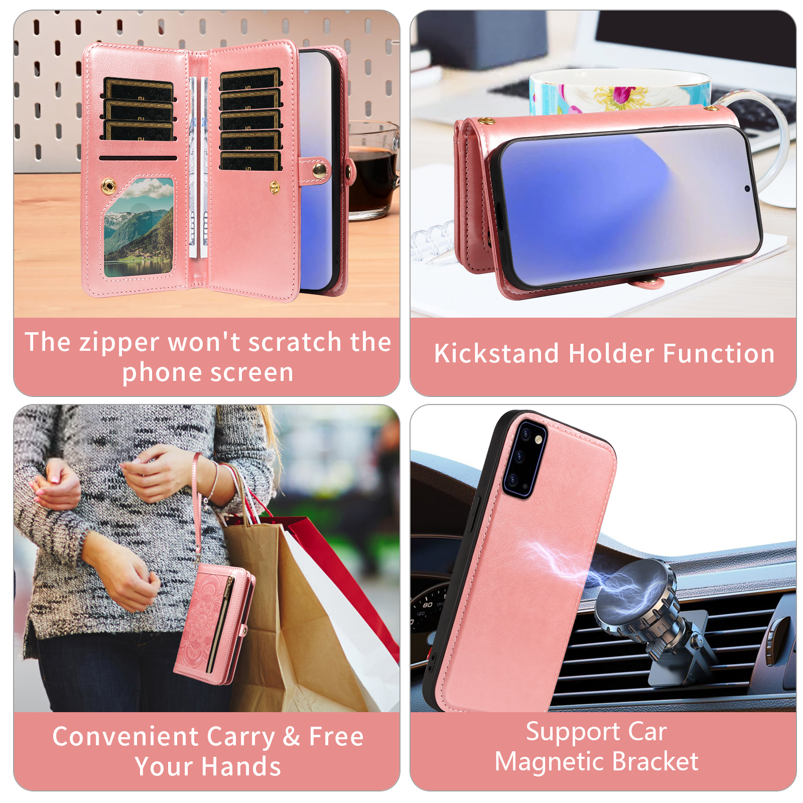 Asuwish Phone Case for Samsung Galaxy Note 20 5G Zipper Wallet Detachable Cell Cover with Tempered Glass Screen Protector Strap Flower Flip Card Holder Note20 Notes 20s Twenty Not S20 Women Rose Gold