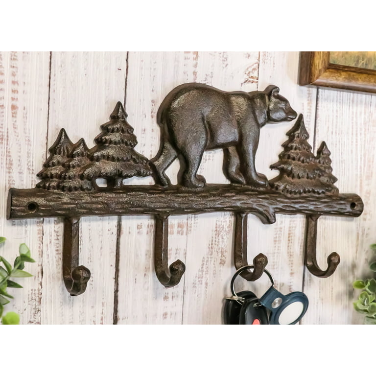 Cast Iron Rustic Forest Black Bear By Pine Trees Forest 4-Pegs