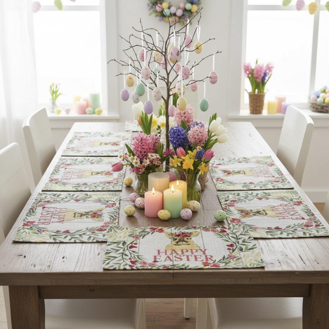 Serafina Home Placemats Happy Easter Bunny Yellow Polyester Rectangular Set of 6 13" x 19"