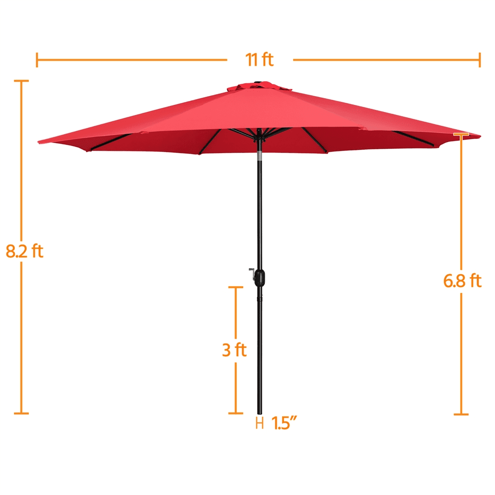 Alden Design 11 Foot Patio Umbrella with Crank and Push Button to Tilt, Red