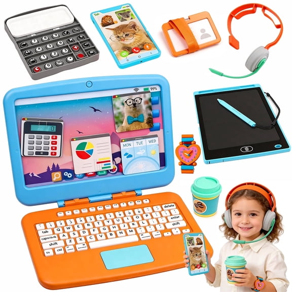 Aijohnny 8 Pcs Pretend Play Home Office Set for Kids,Toddler Computer,Phone,LCD Writing Tablet,Pop Fidget Calculator，Headset,Coffee Cup and Watch,Birthday Gift for Boys