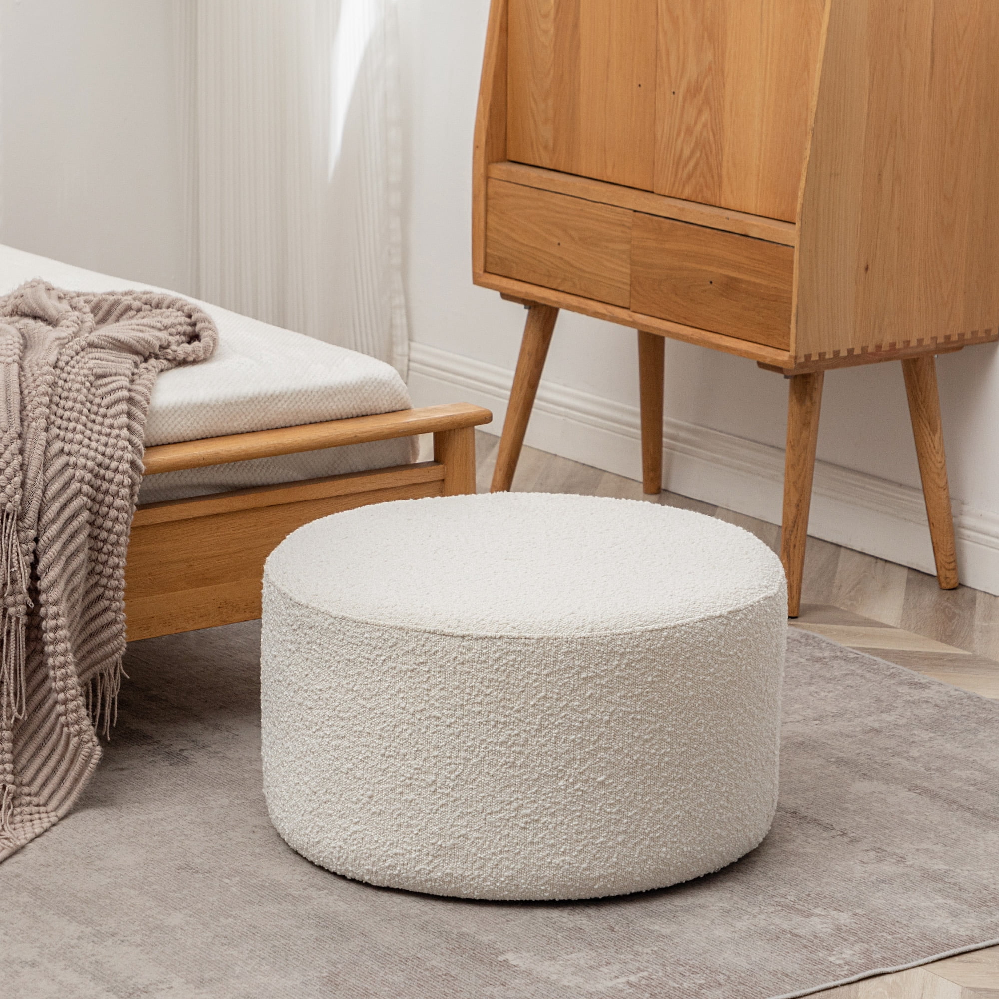 Modern Round Boucle Upholstered Ottoman with Soft Padded Seat, Multi-Functional Sofa Footrest, Side Table, Extra Seating (Cream, 24" D x 24" W x 13" H)