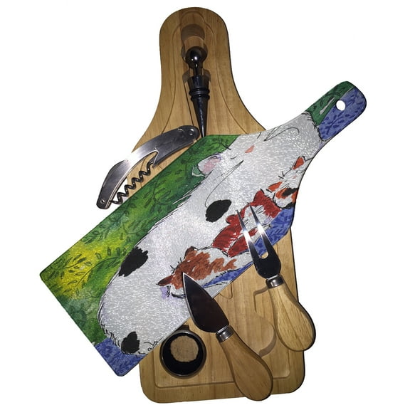 KuzmarK Wine & Cheese Glass Cutting Board Wood Box Gift Set - Maine Coon Kitty Family Mama and Three Kittens Abstract Cat Art by Denise Every