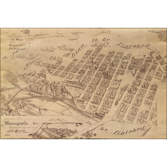 24"x36" Gallery Poster, birdseye view map of Minneapolis, Minnesota 1891 p2