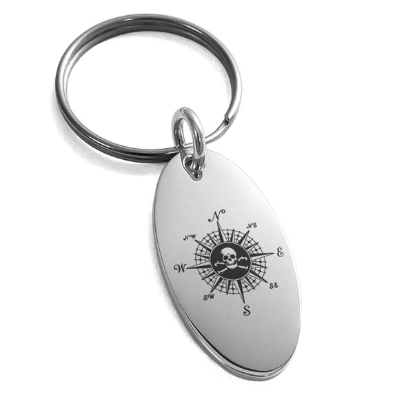 Stainless Steel Pirate Skull Compass Engraved Small Oval Charm Keychain Keyring