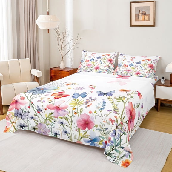 Homewish Chic Flowers Twin Sheet Sets 3pcs for Teens Boys Girls,Spring Garden Twin Fitted Sheet Microfiber,Flying Butterflies Breathable Flat Sheet,Lightweight Room Decor