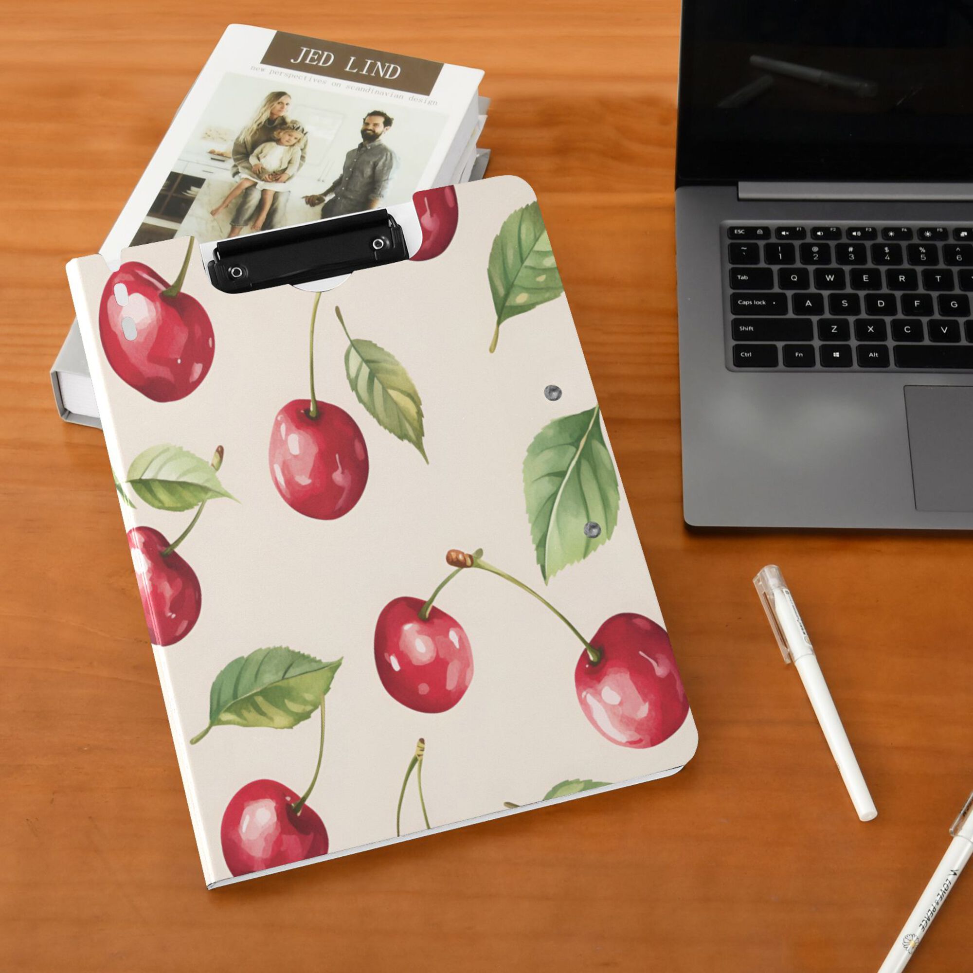 FORMRS A4 Clipboard Folder with Pen Holder Horizontal Foldable School Office Binder, Watercolor Cherry