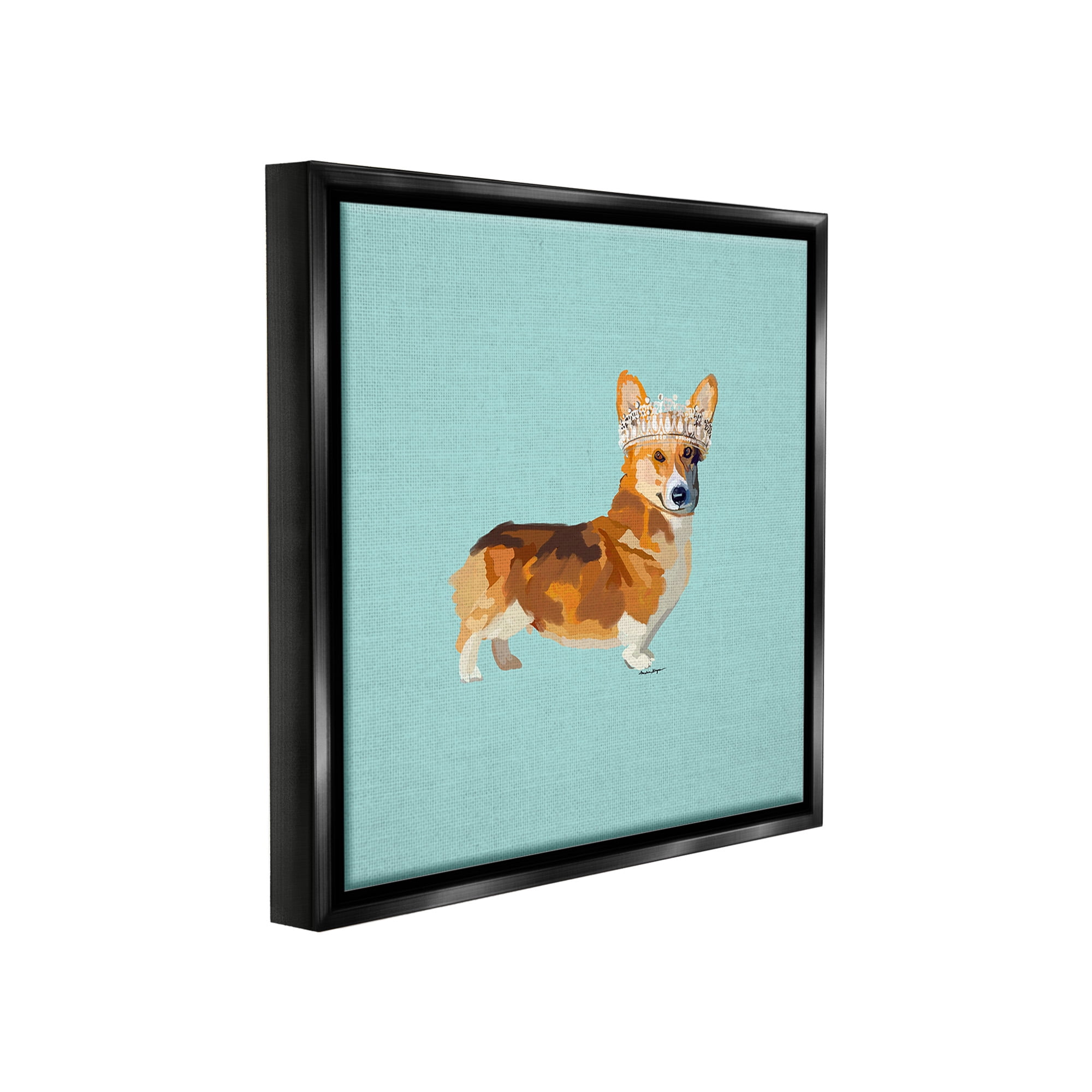 Stupell Industries Royal Corgi with Crown Animals & Insects Painting Black Floater Framed Canvas Art Print Wall Art, 18 x 18