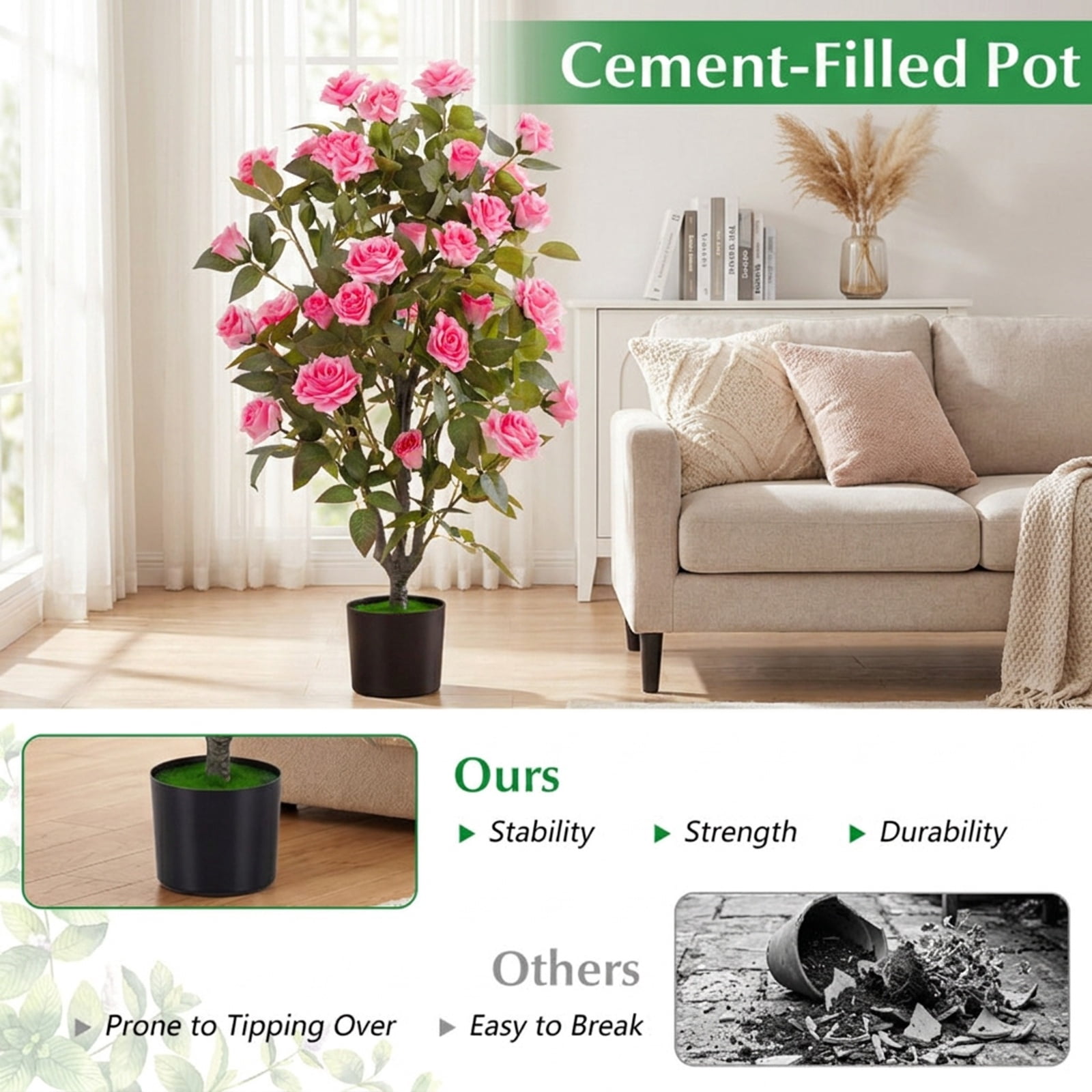 Vebreda Artificial Plant Decor, 35.5" Artificial Rose Tree with Blooming Flowers and Green Leaves for Indoor, Beautiful & Lifelike Rose Tree