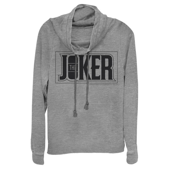 Junior's Batman Joker Text Logo  Cowl Neck Sweatshirt Gray Heather Large