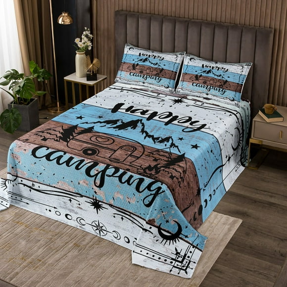 Rv Camper Quilt Set King Size Boho Sun Moon Bed Set,Happy Camping Wild Adventure Bedspread Set for Girls Boys Farmhouse Style Wood Barn Decorative Coverlet Set,2 Pillowcase (Blue Brown)