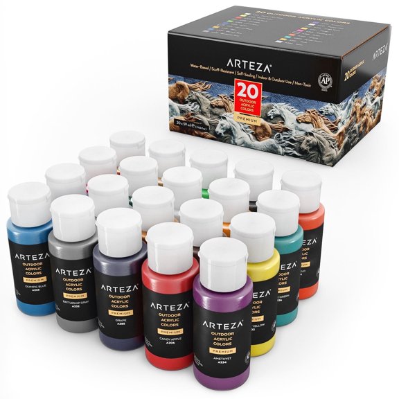 Arteza Outdoor Acrylic Paint, 59ml Bottles, Water-based, Assorted Colors, 20 Pack