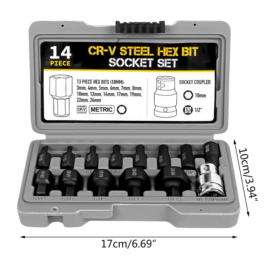 14Pcs Tools Impact Hex Bit Socket Set 1/2" Drive Hexagon Allen key 3mm-24mm