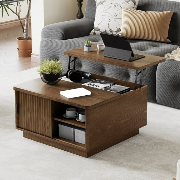 Lift Top Coffee Table, 31" Square Center Table with Sliding Door, Space-Saving Fluted Coffee Desk with Hidden Storage Compartment and Shelf, for Living Room, Home Office