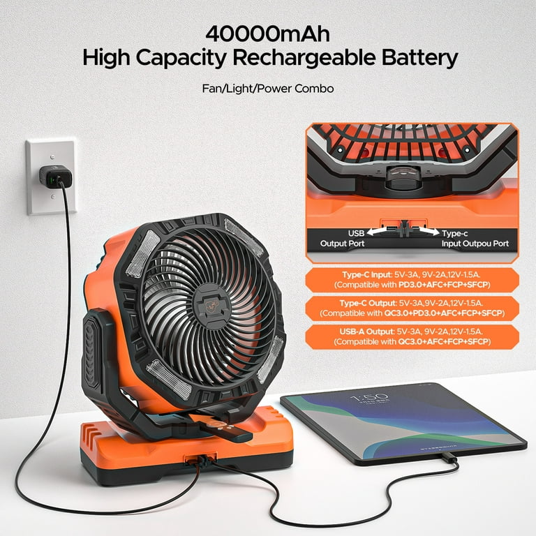 Rechargeable Camping Fan with LED Light 40000mAh 136hrs Battery Operated  Power Fan Auto Oscillating with Remote & Timer for Camping RV Workshop
