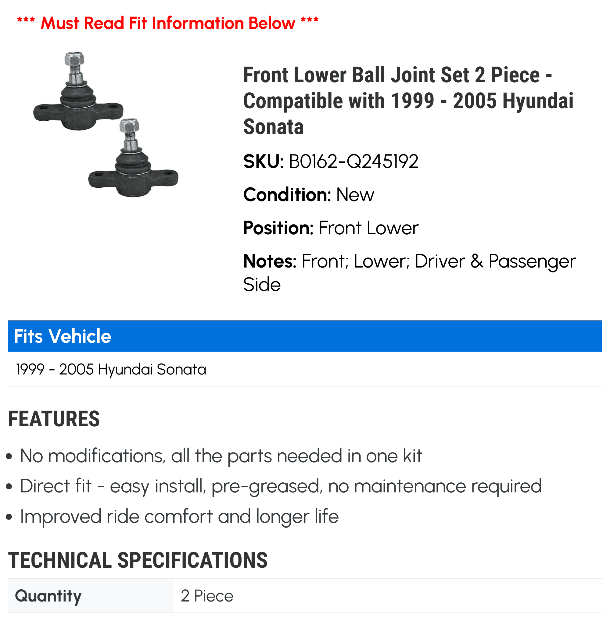 Front Lower Ball Joint Set 2 Piece - Compatible with 1999 - 2005 Hyundai Sonata 2000 2001 2002 2003 2004