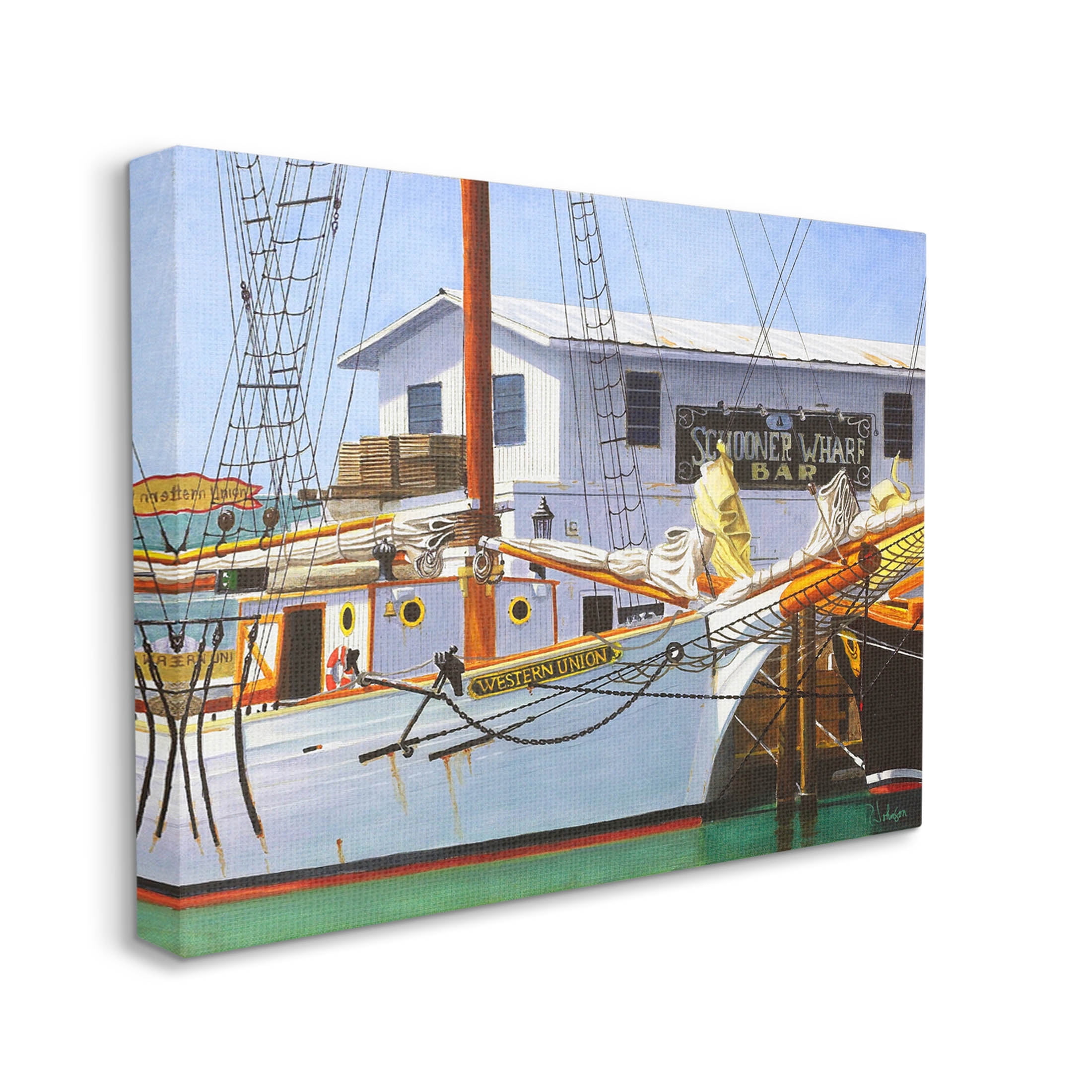 Marine Wharf Boat Dock Transportation Painting Gallery Wrapped Canvas Print Wall Art