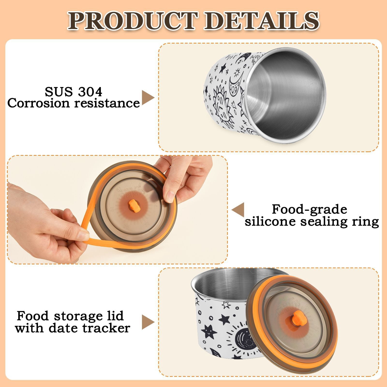 Cute Cartoon Sun Moon Star Airtight Coffee Bean Canister 30oz Food Storage Containers with Lids For Gournd, Tea, Sugar, Flour, Rice, Cereal, Candy Cookie Jar