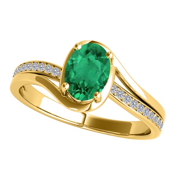 Mauli Jewels Engagement Rings for Women 0.95 Carat Oval Shape Emerald & Round White Diamond Gemstone Ring Prong-Setting 14K Yellow Gold