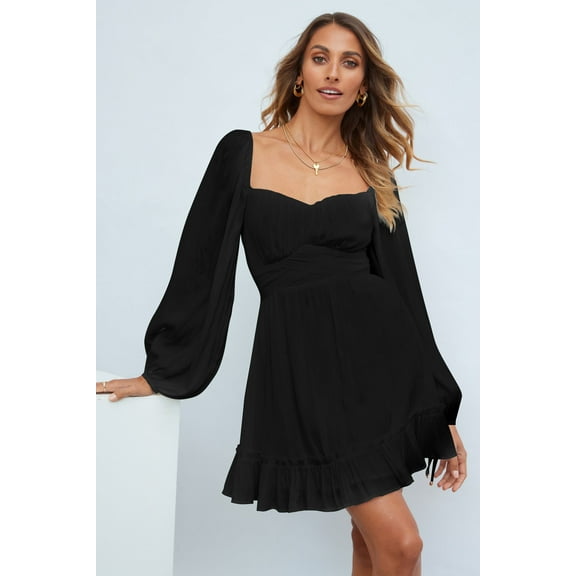 Womens Dresses Summer New Women'S Fashion Plain Color Square Collar Long-Sleeved Dress Ruffled Skirt Hem Tied Rope Cuffs