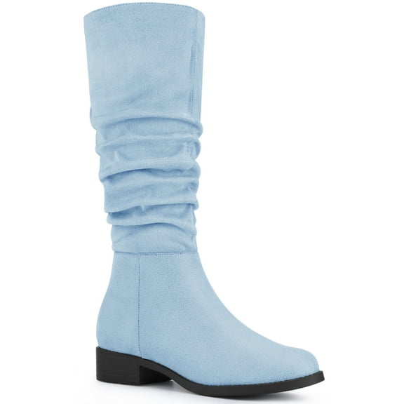 BLISSFUL STEP Women's Slouch Knee High Boots Round Toe Low Block Heel Faux Suede Boots Sky Blue 7