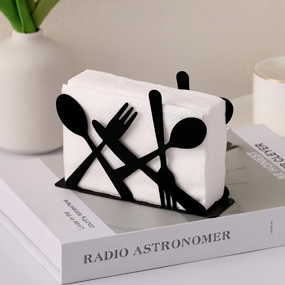 Napkin Holder for Table,Modern Metal Napkin Holders Black,Fork and Spoon Theme Style Napkin Holder, Suitable for Kitchen Coffee Shop Dining Room