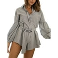 thumbnail image 3 of Coduop Women's Striped Shirt Jumpsuit Loose Long Sleeve Button Down Shorts Rompers Office Clothes, 3 of 6