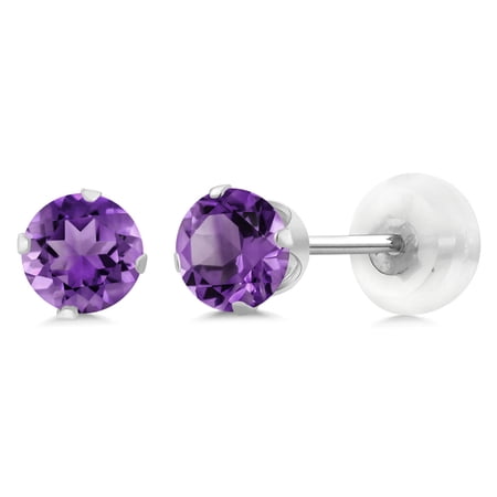 Gem Stone King 10K White Gold Purple Amethyst 4-prong Stud Earrings for Women Men (0.50 Cttw, Gemstone Birthstone, Round 4MM)