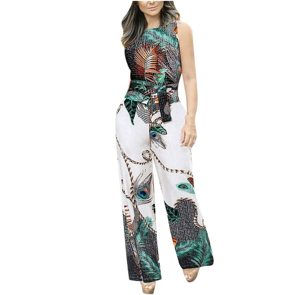 Fesfesfes Jumpsuit for Women Wide Leg Pants Polka Peacock Feather Printed Sleeveless Sling Jumpsuits