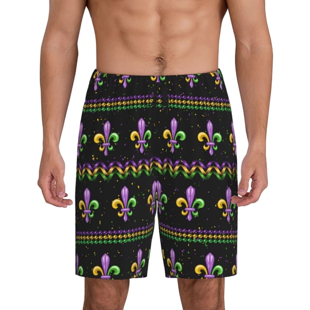 Balery Mardi Gras Fleur de Lis Pantalones cortos de pijama de punto de algodón para hombre con cinturilla y bolsillos-3X-Large