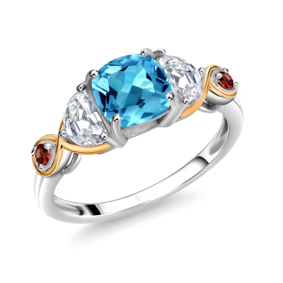 Gem Stone King 925 Silver and 10K Yellow Gold 3-Stone Ring Cushion Topaz Half Moon Moissanite (1.84 Carat Cttw) (Size 6)