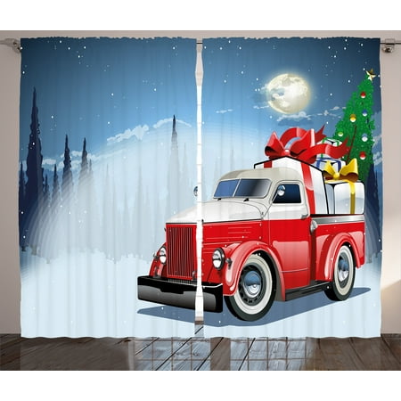 Winter Christmas Decor - Christmas Curtains 2 Panels Set, Red and White American Truck in December Winter Night Moon and Stars Xmas Tree, Living Room Bedroom Decor, Blue Red White, by Ambesonne