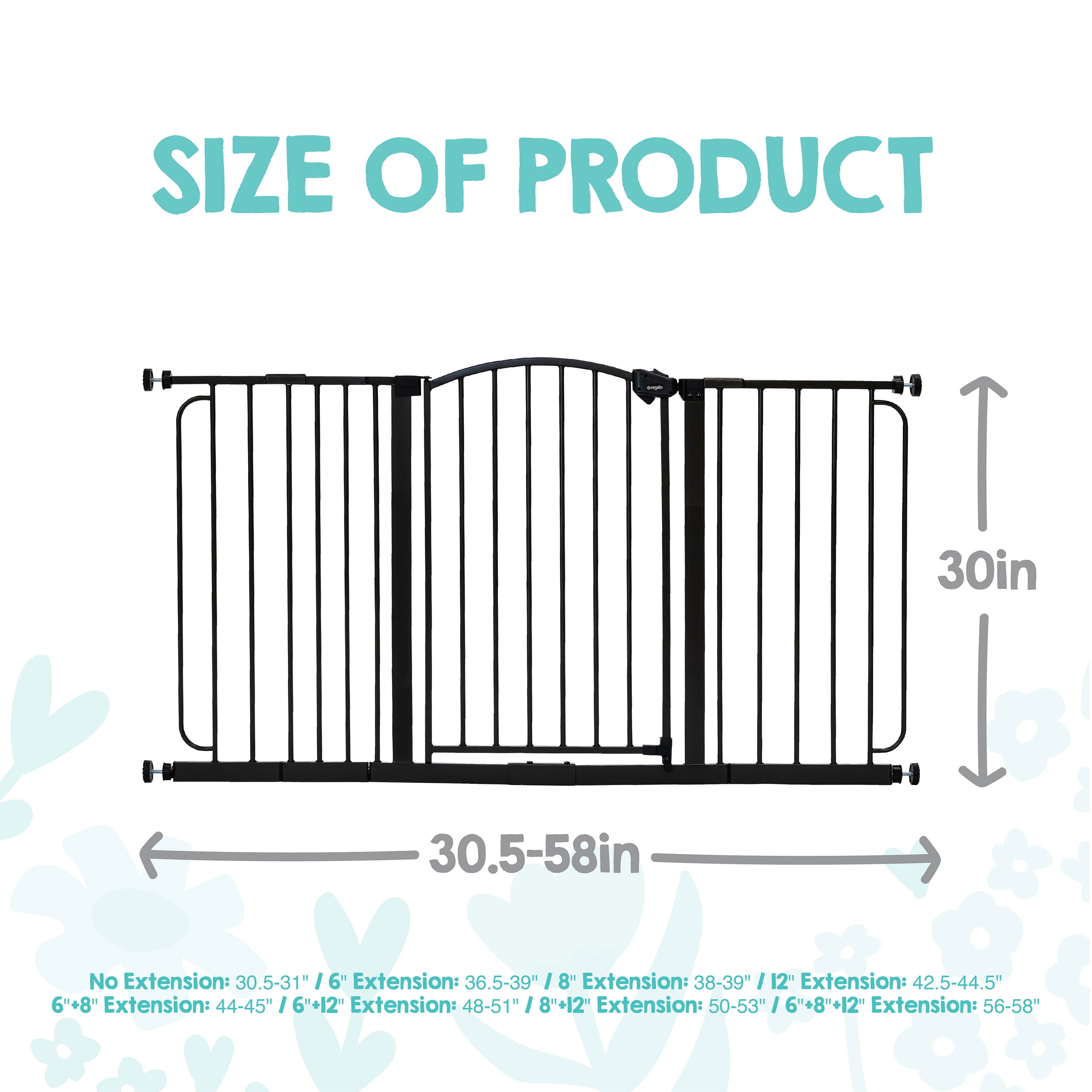 Regalo Extra Wide 58” Arched Décor Baby Safety Gate with Extensions, Pressure-Mounted for Doorways & Bottom of Stairs, Dark Bronze