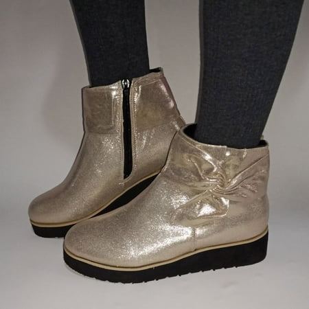 

Fashion Women s Boots Side Zipper Bow Wedge Heel Plus Size Short Boots
