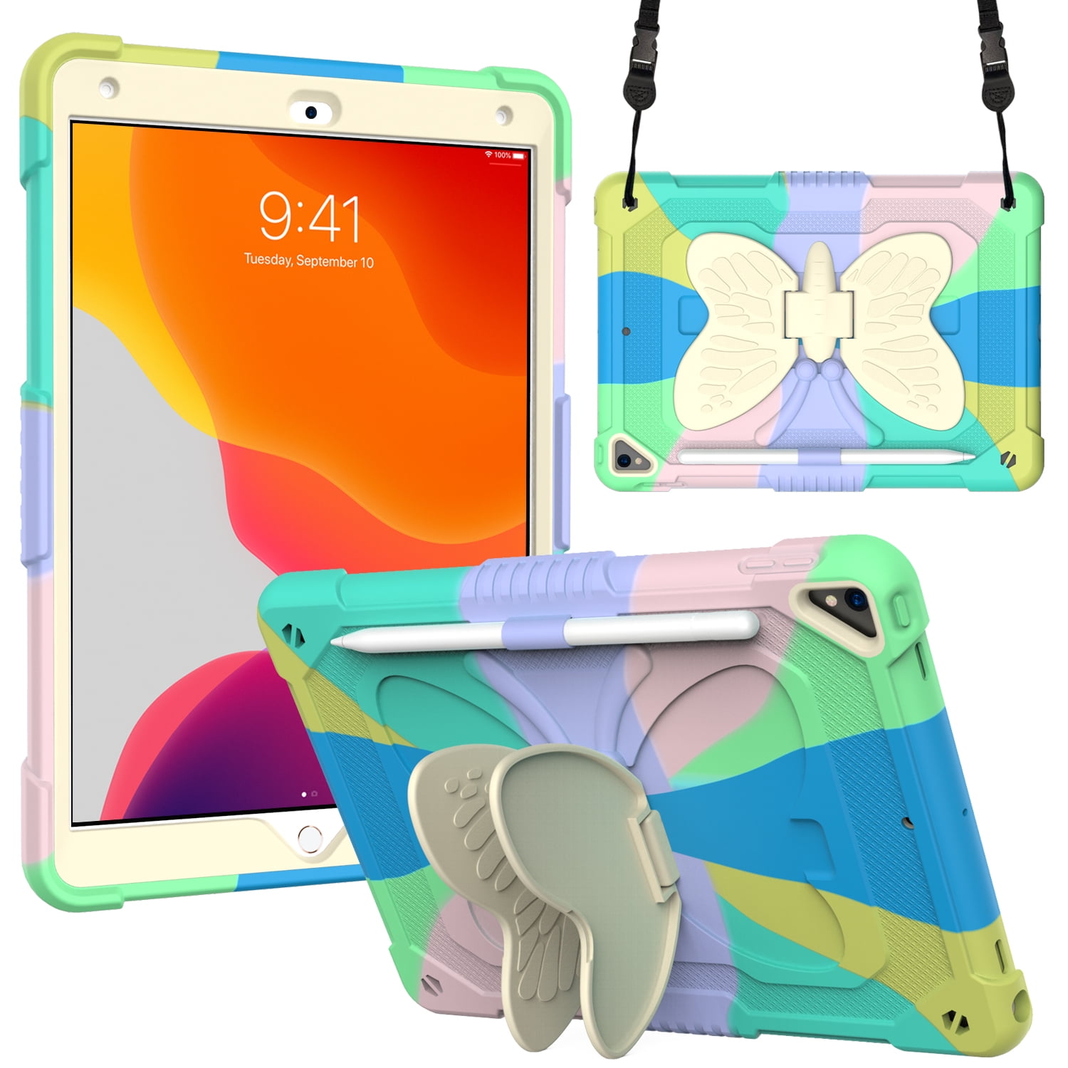 Kids Case for iPad mini 6th Generation, Heavy Duty Hybrid Rugged Stand Protective Shockproof Cover with Shoulder Strap, B