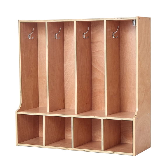 KFFKFF 4-Section Wooden Kids Coat Locker, Toddler Storage Organizer with 8 Hooks & Non-Slip Mat, Modern Coat Cubbies with 4 Open Storage Compartments for Home, Kindergarten, Daycare, Natural Finish