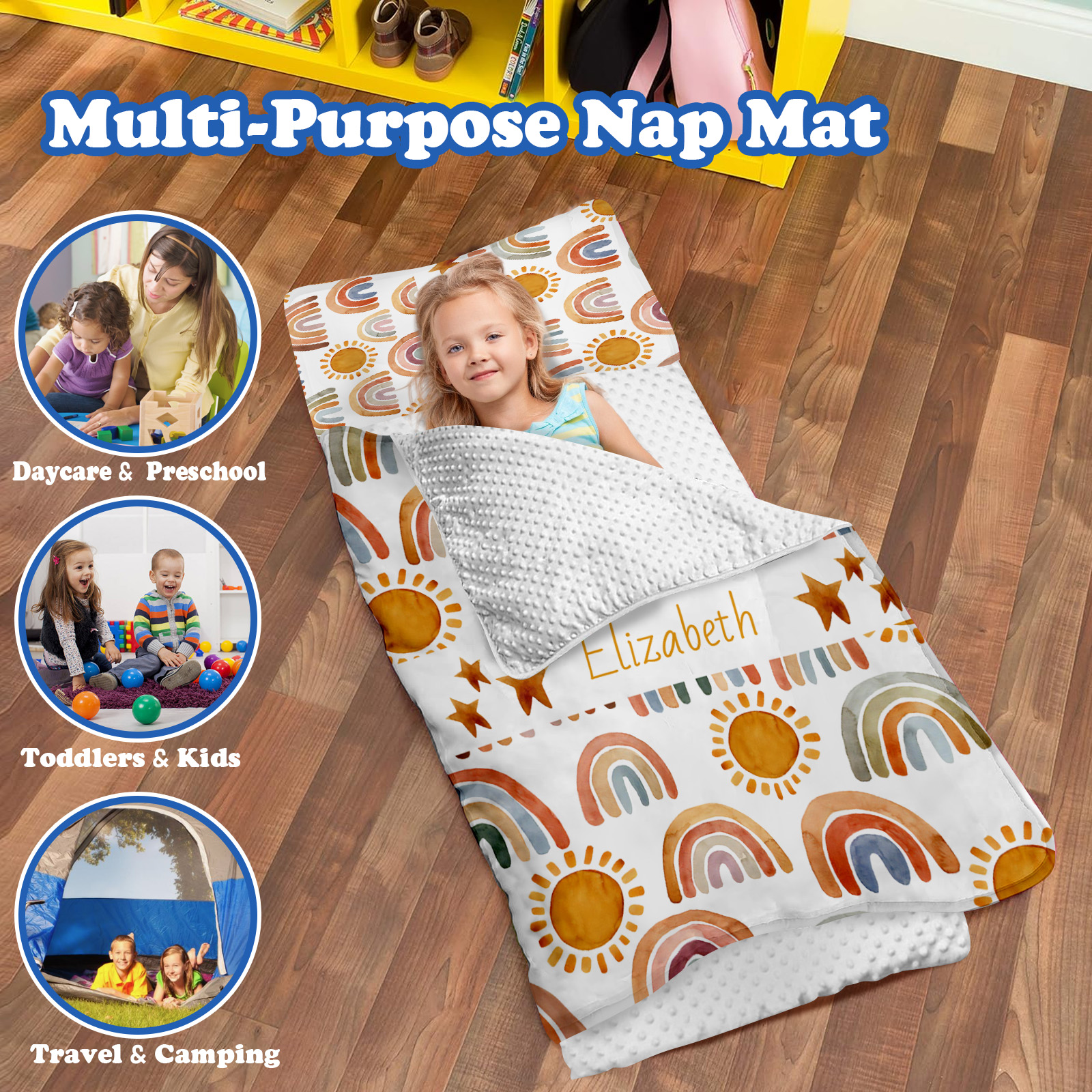 AOLOA Custom Toddler Nap Mat, Personalized Baby Name Sleeping Bag for Preschool Daycare Kinder, Sleeping Mat Bedding Set with Blanket Pillow, Orange Rainbow Portable Nap Sacks for Child Infant Girl