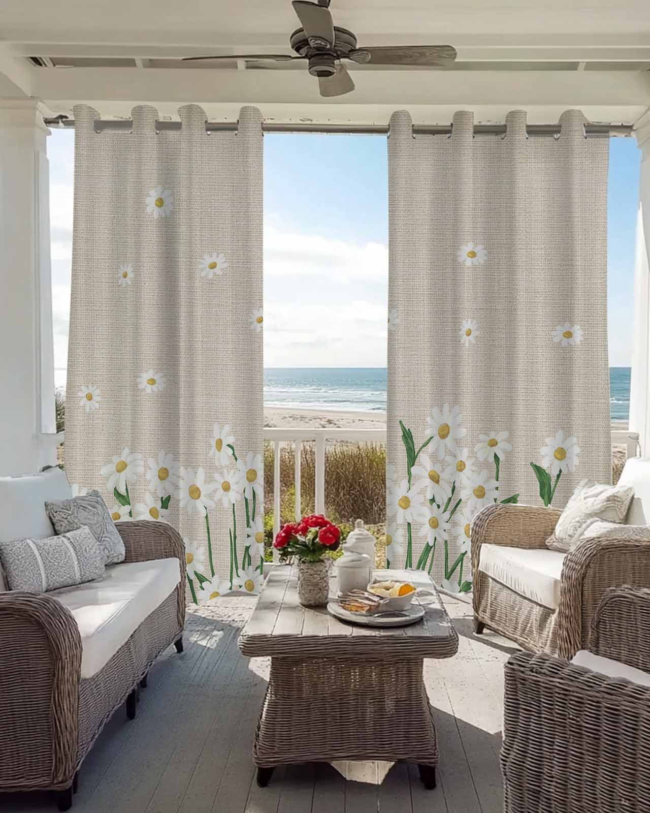 Spring Floral Blackout Curtains 54 Inches Long, White Daisy Farmhouse Linen Texture Thermal Insulated Black Out Curtains, Darkening Window Curtain Drapes for Bedroom Living Room 45"x54" 2 Panels