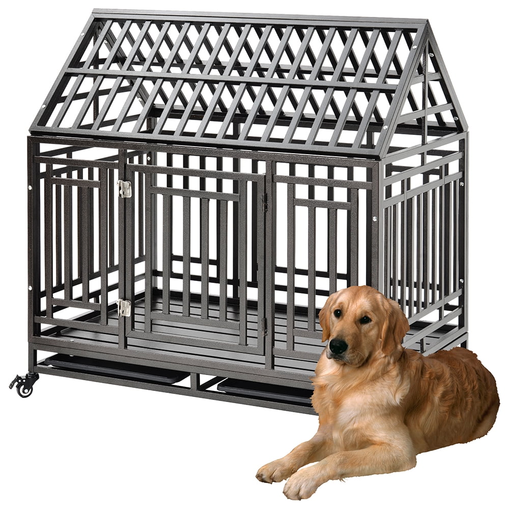 Kepooman 45'' Heavy Duty Metal Roof Dog Cage with 4 Wheels & Trays for Pet Puppy, Black Kepooman 45'' Heavy Duty Metal Roof Dog Cage with 4 Wheels & Trays for Pet Puppy, Black