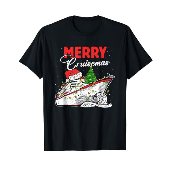 Merry Cruisemas Funny Cruise Ship Family Christmas Lights Short Sleeve Black T-Shirt